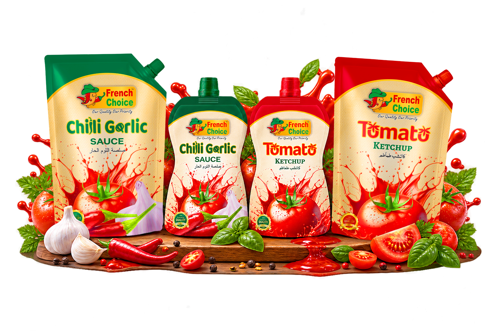 French Choice Tomato Ketchup and Chilli Garlic Sauce with fresh tomatoes, garlic and chillies