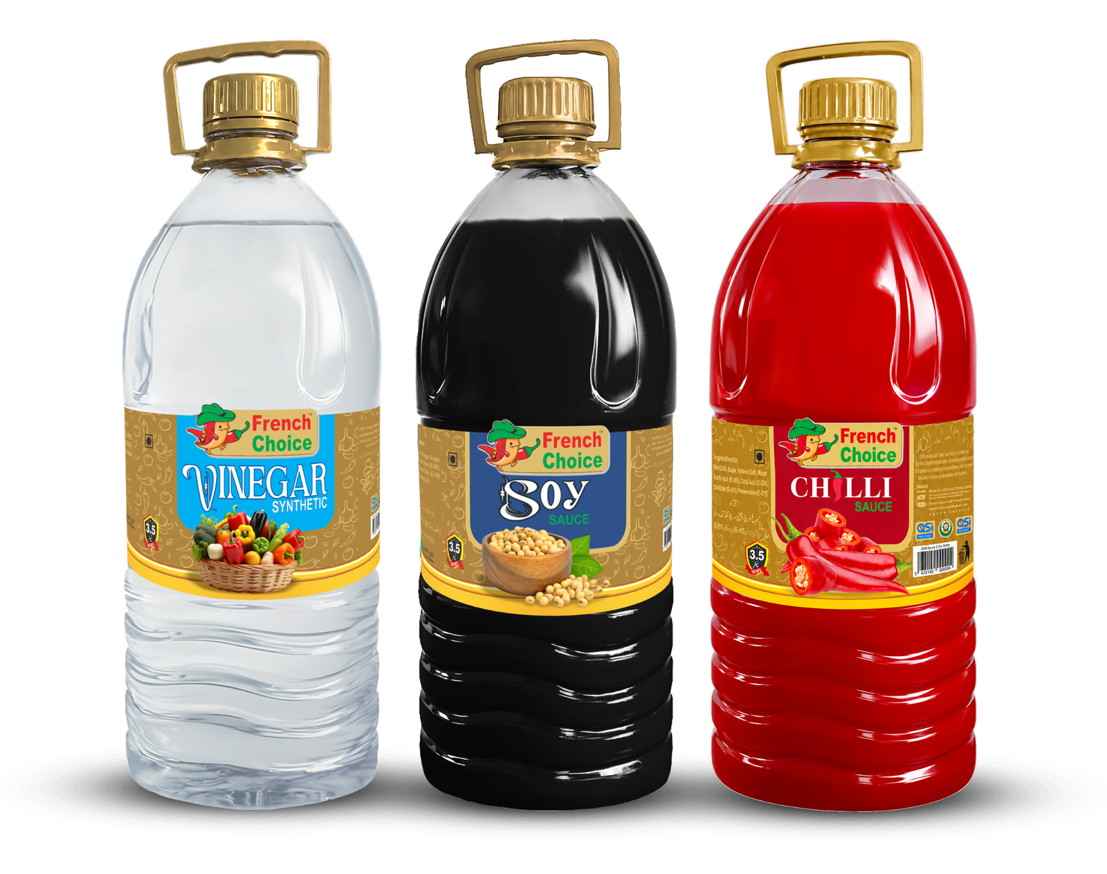 French Choice Synthetic Vinegar, Soy Sauce and Chilli Sauce bottles