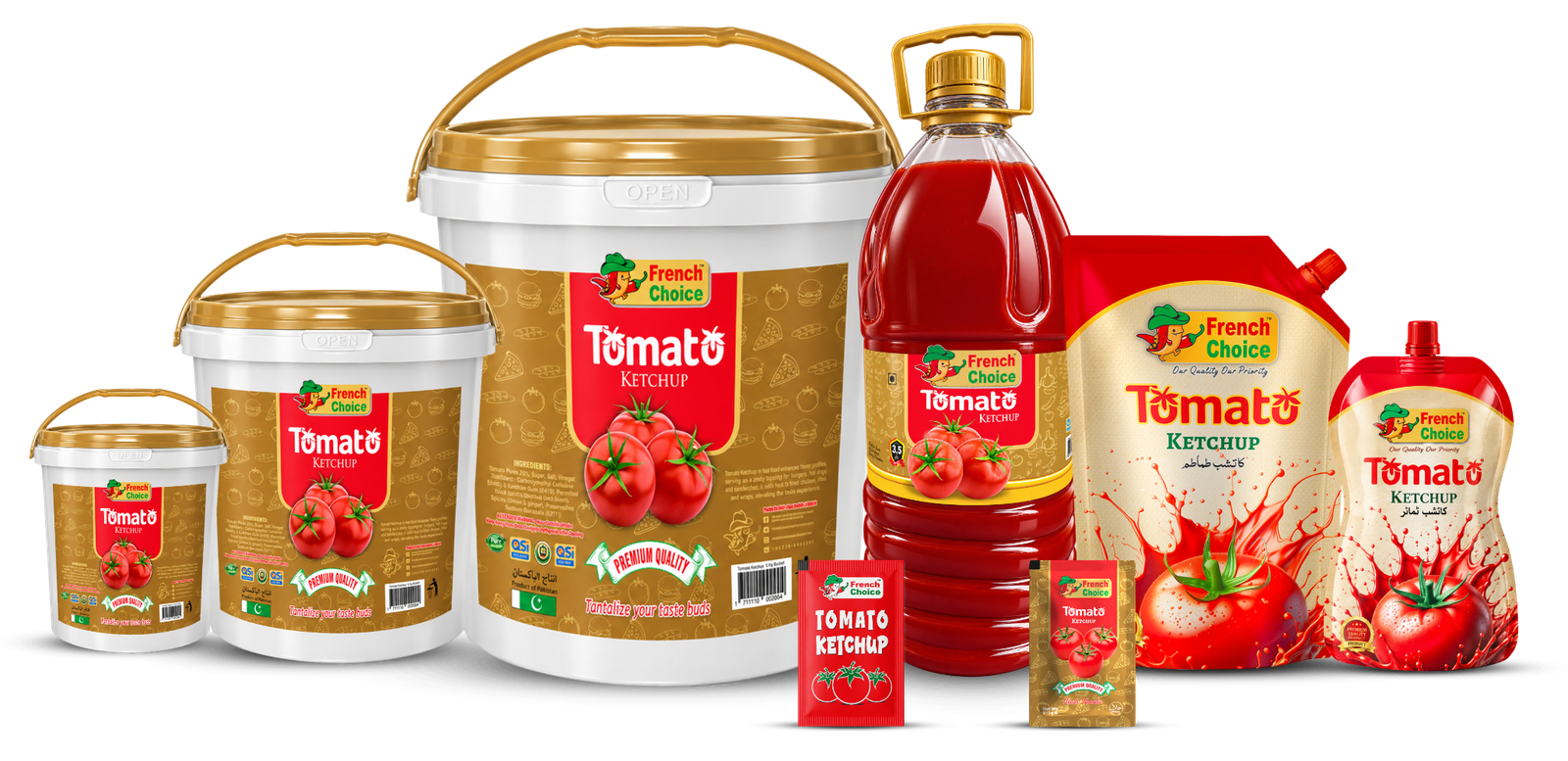 French Choice Tomato Ketchup collection in buckets, bottle, pouches and sachets
